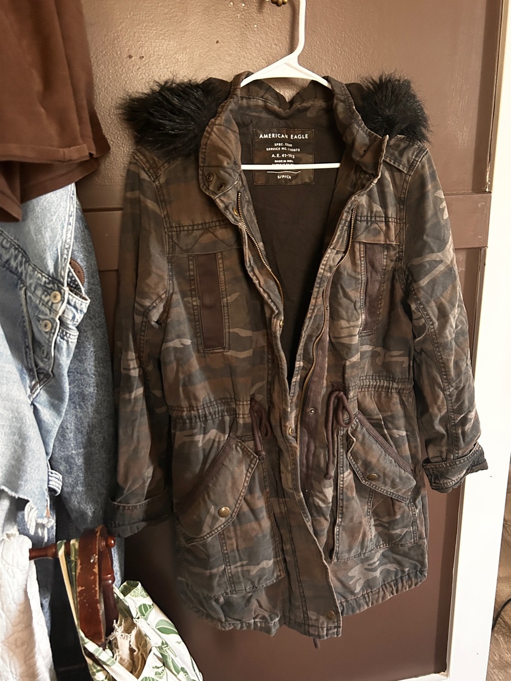 American Eagle Camouflage Parka with Faux Fur Trim